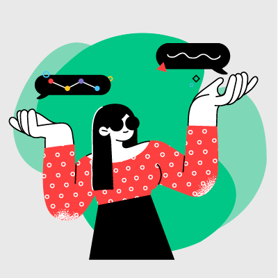 Imagen de mujer con las manos levantadas sosteniendo simbolos que representan audiovisual