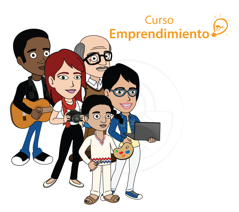 Imagen de cinco personas, un joven afrodescendiente, con una guitarra en la mano. Dos mujeres, una con una cámara fotográfica en las manos, otra con un computador portátil en sus manos, y una niña con una paleta de pinturas en sus manos.