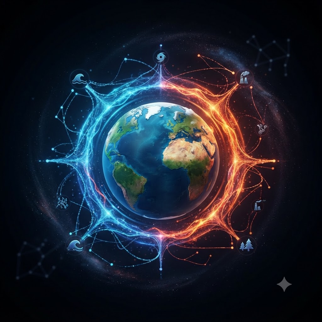 Imagen cuadrada y oscura que muestra el planeta Tierra en el centro. Está rodeado por un anillo de energía brillante que se divide en una mitad azul con iconos científicos y otra mitad anaranjada con símbolos industriales.