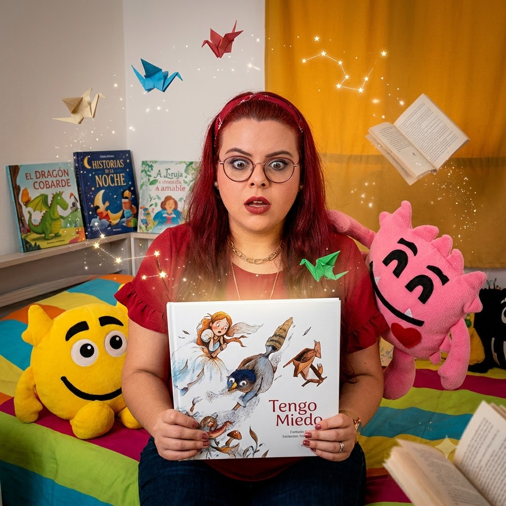 Mujer pelirroja con gafas sostiene sorprendida el libro ilustrado "Tengo Miedo". Del libro brotan destellos mágicos. La rodean peluches (una carita amarilla y un monstruo rosa), cuentos en repisas, grullas de papel y un libro volando bajo constelaciones brillantes.