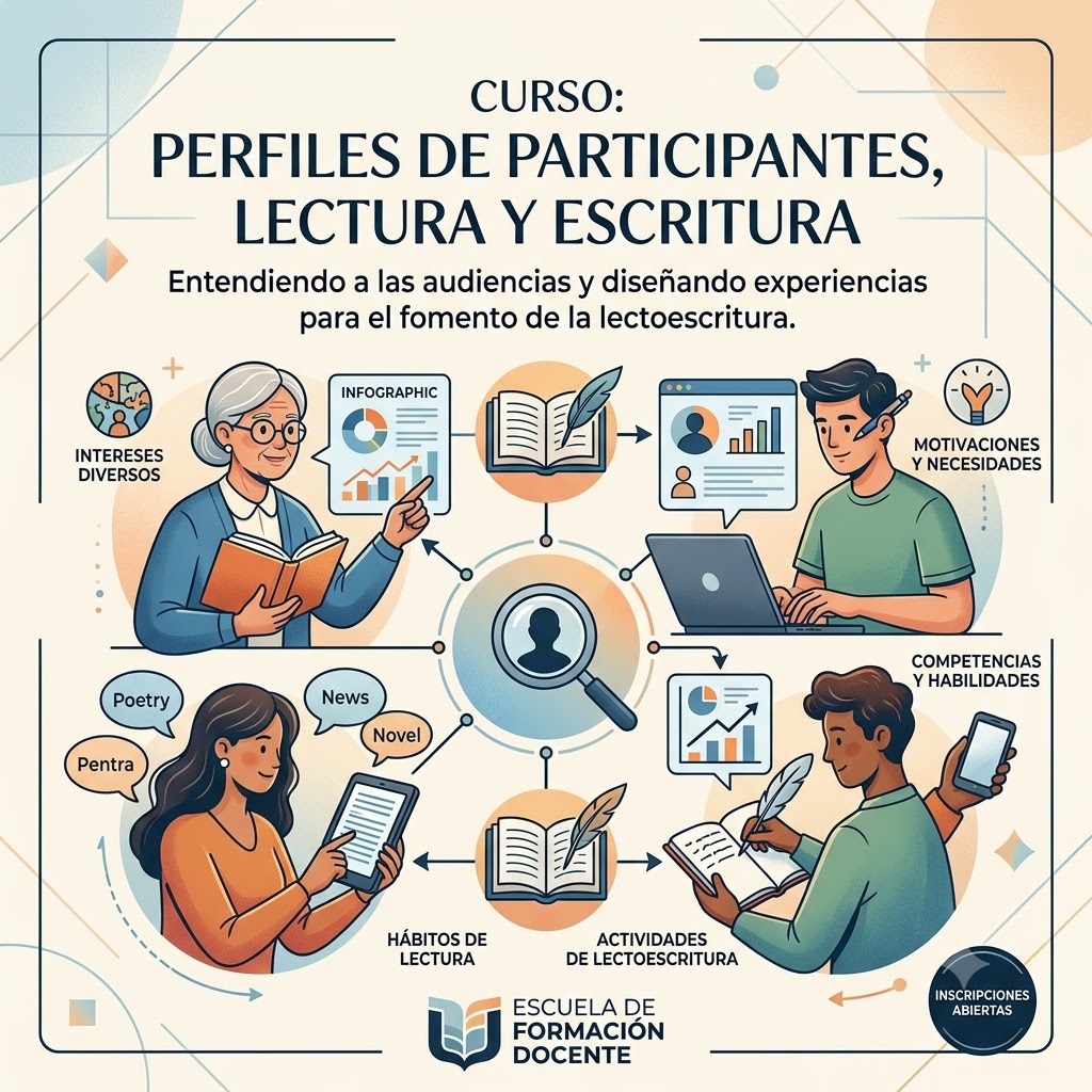 'Perfiles de participantes, lectura y escritura'. Ilustración de cuatro personas diversas (leyendo libro, usando laptop, leyendo en tableta y escribiendo a mano) unidas a una lupa central, rodeadas de íconos de gráficos e ideas.