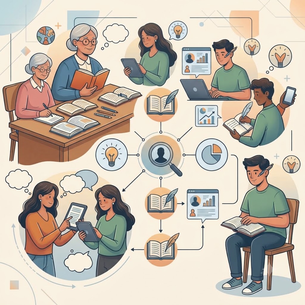 'Perfiles de participantes, lectura y escritura'. Ilustración de cuatro personas diversas (leyendo libro, usando laptop, leyendo en tableta y escribiendo a mano) unidas a una lupa central, rodeadas de íconos de gráficos e ideas.