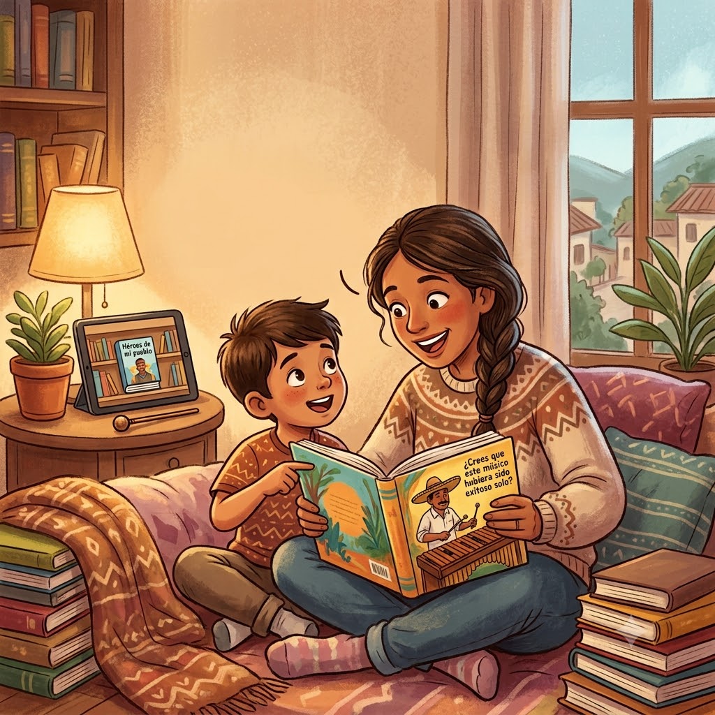 Ilustración cálida de una madre y su hijo sentados en el suelo leyendo juntos. El niño sonríe y señala el libro que sostiene la madre. Están rodeados de libros apilados, una manta y una tableta mostrando 'Héroes de mi pueblo'. Ambiente acogedor iluminado por una lámpara.