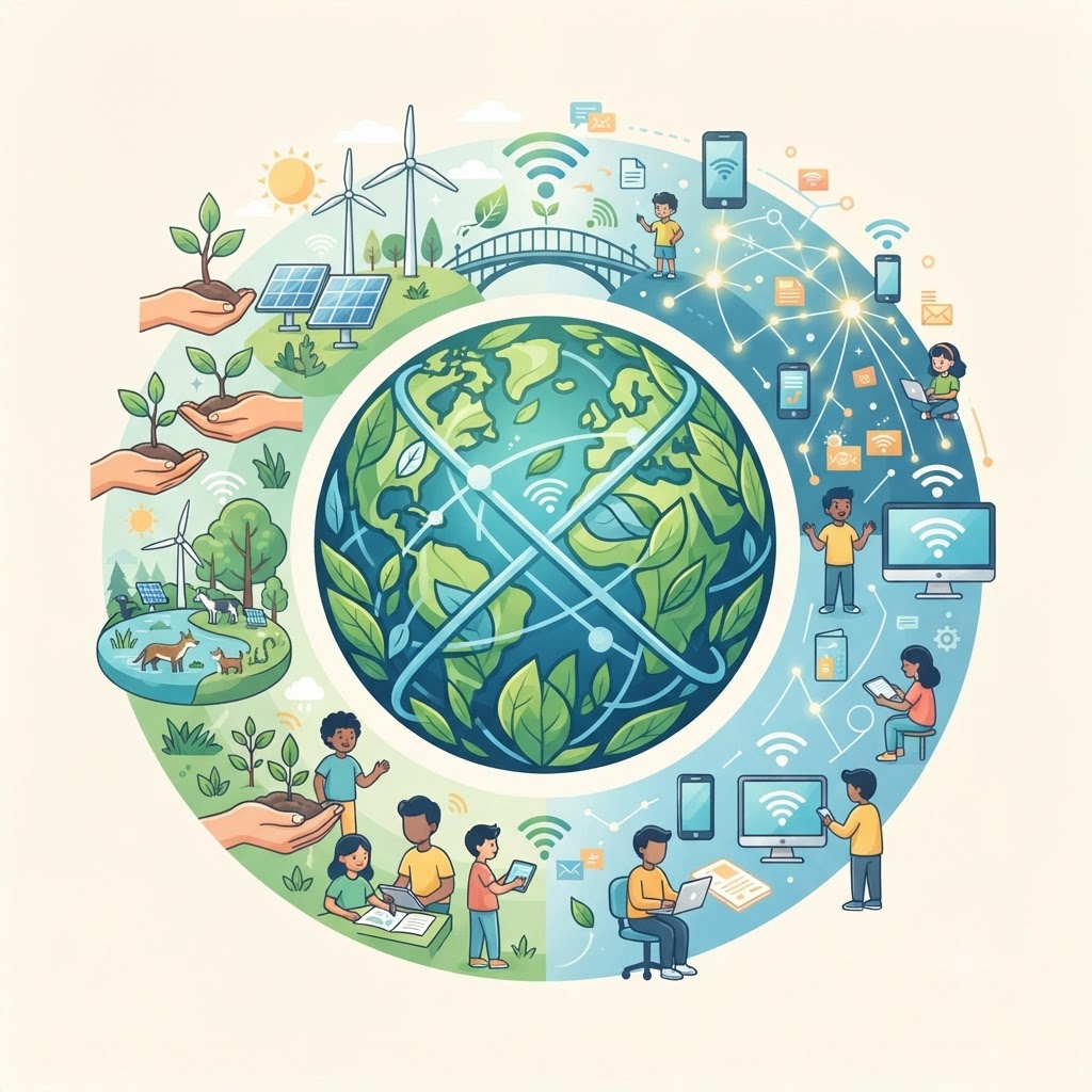 Ilustración cuadrada dividida en dos temáticas. La mitad izquierda muestra ecología, manos plantando brotes, molinos de viento y animales. La mitad derecha representa la comunicación digital con redes, pantallas, dispositivos y personas conectadas alrededor del planeta Tierra central.