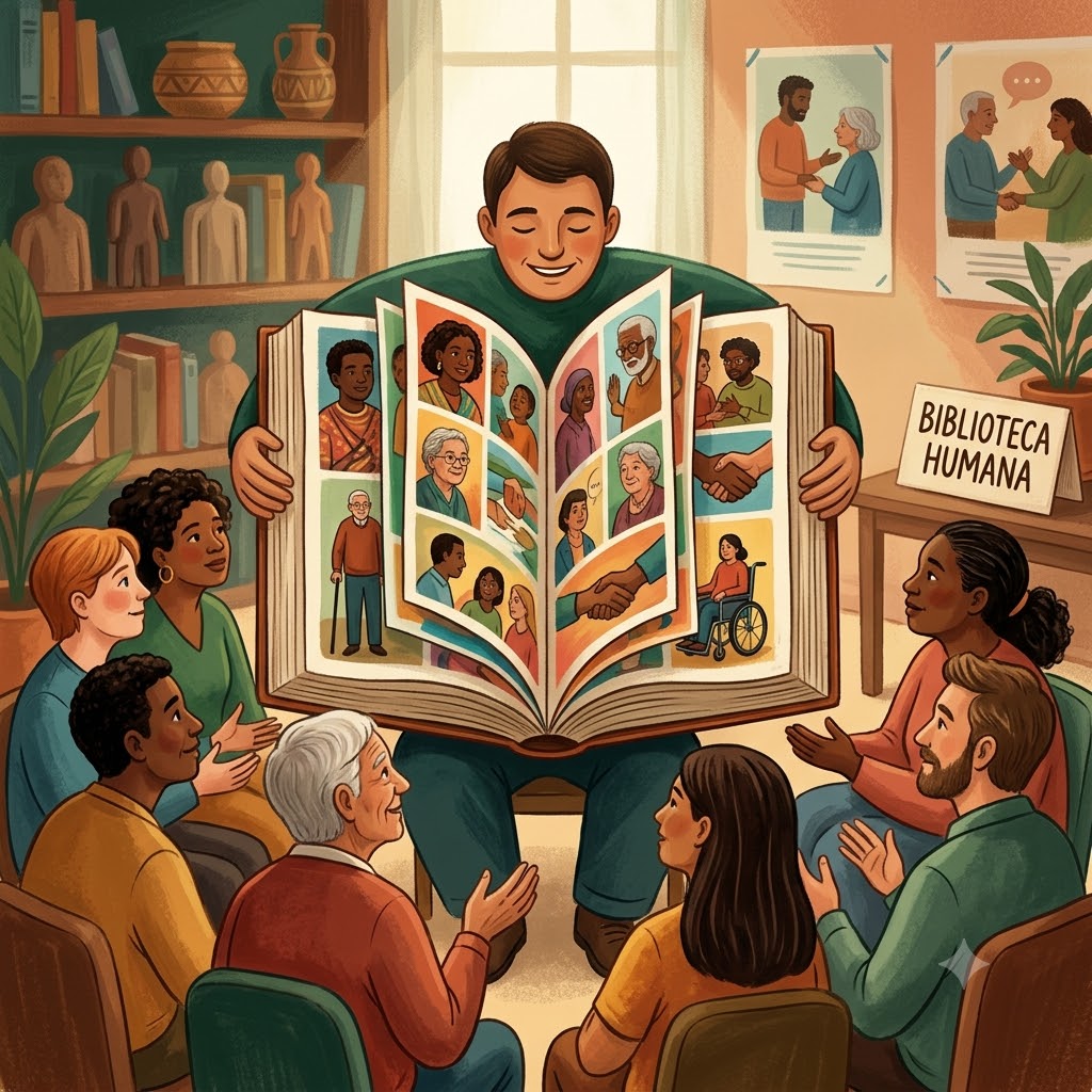 Ilustración donde un hombre sonriente sostiene un gran libro abierto; sus páginas muestran paneles con personas diversas. Alrededor, un grupo inclusivo de distintas edades y etnias lo escucha sentado en círculo. Al fondo hay estantes, pósters y un cartel que dice: BIBLIOTECA HUMANA.