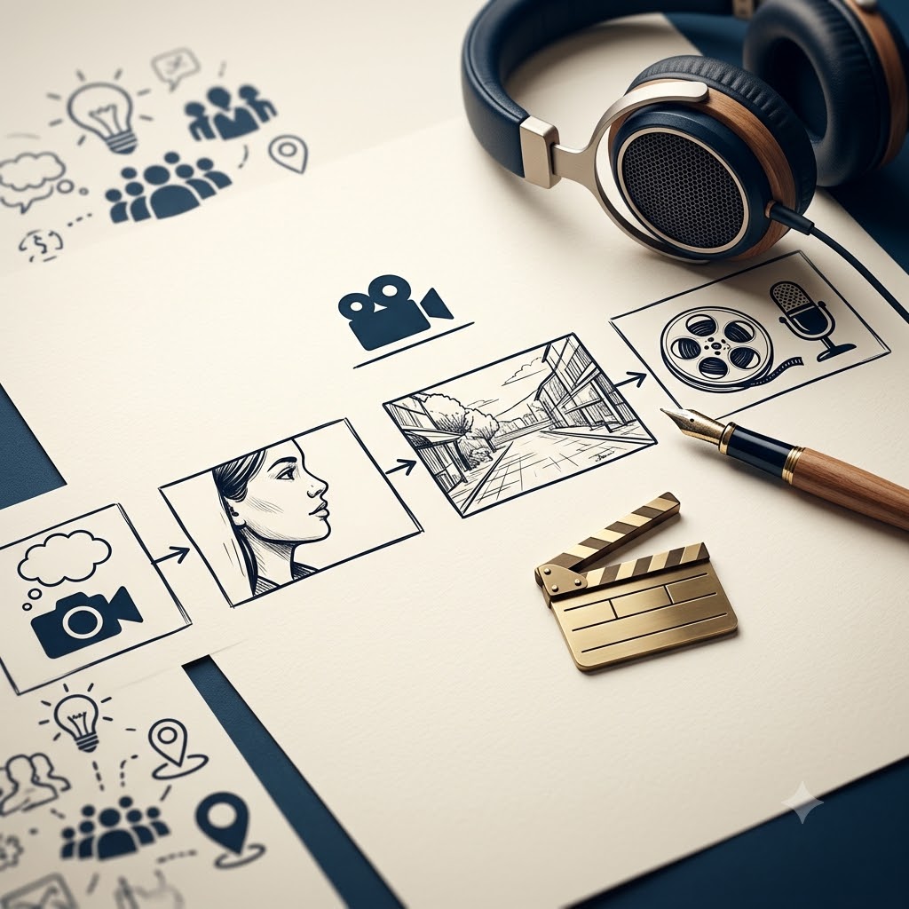Escritorio con elementos de producción de video: auriculares, una pluma y una claqueta dorada. Sobre el papel destaca un guion gráfico (storyboard) dibujado a mano con tres escenas, rodeado de íconos esbozados como cámara, micrófono, bombilla y cinta de cine.
