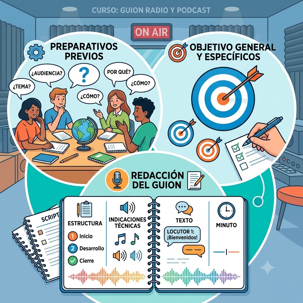 Ilustración del "Curso: Guion Radio y Podcast". Muestra 3 fases: "Preparativos previos" con un equipo debatiendo; "Objetivos" con dianas y una lista de tareas; y "Redacción del guion" representado por un cuaderno abierto que detalla la estructura, indicaciones técnicas y el texto.