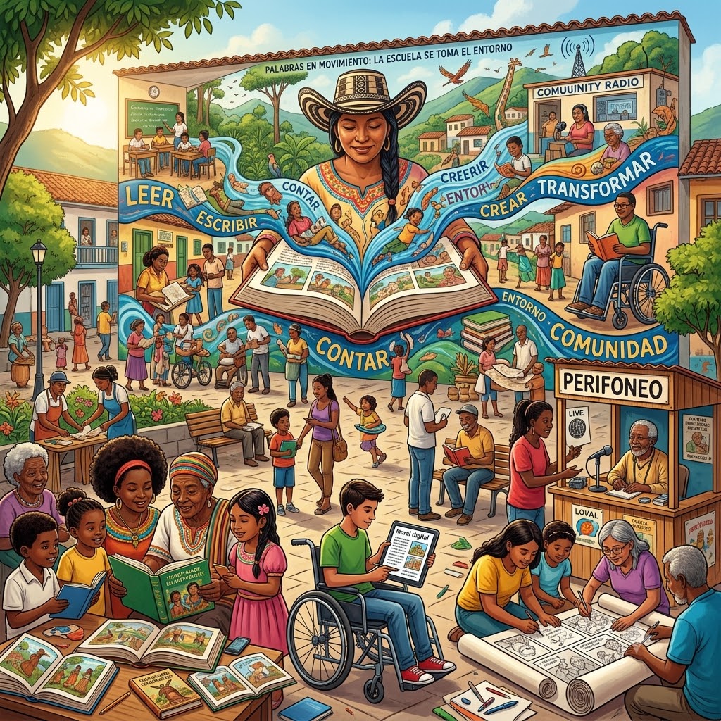 Ilustración de una comunidad diversa alrededor de un gran libro abierto del que emerge una mujer. Fluyen ríos con palabras como leer, escribir y crear. Personas de toda edad y capacidad interactúan leyendo, escribiendo, escuchando radio y usando pantallas, integrando la lectura al entorno.