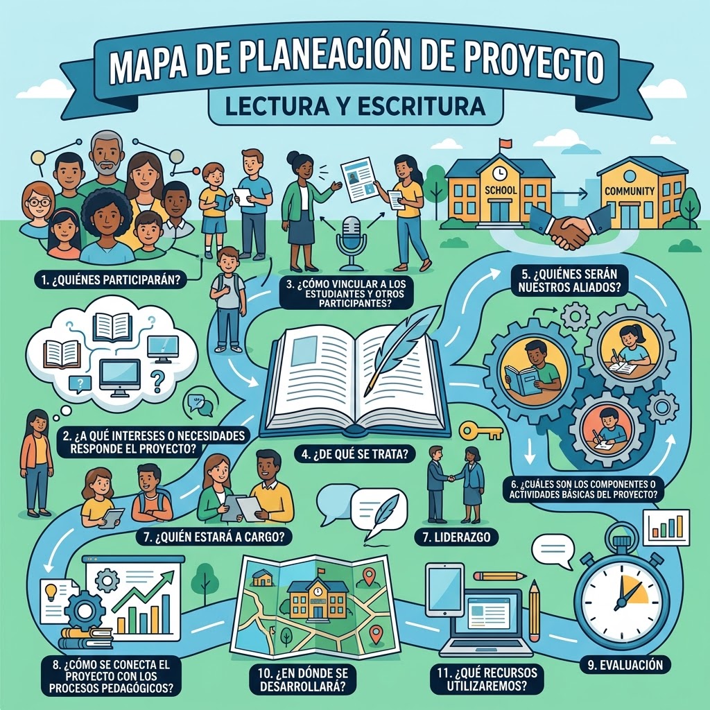 "MAPA DE PLANEACIÓN DE PROYECTO: LECTURA Y ESCRITURA". Abajo, un complejo diagrama de flujo ilustrado con 12 pasos numerados. Conecta personas, un libro central, engranajes, relojes, un mapa y dispositivos. Representa la planificación del proyecto, cubriendo temas desde participantes y aliados hasta actividades, recursos y evaluación con un estilo moderno y amigable.