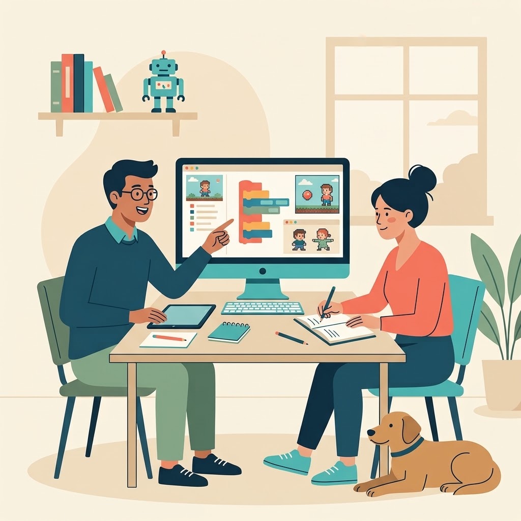 Ilustración plana de un hombre y una mujer sentados a una mesa colaborando frente a un ordenador con bloques de programación y personajes pixel art. Al lado, un perro guía y un pequeño robot en un estante. Fondo minimalista con ventana y planta, en tonos suaves.