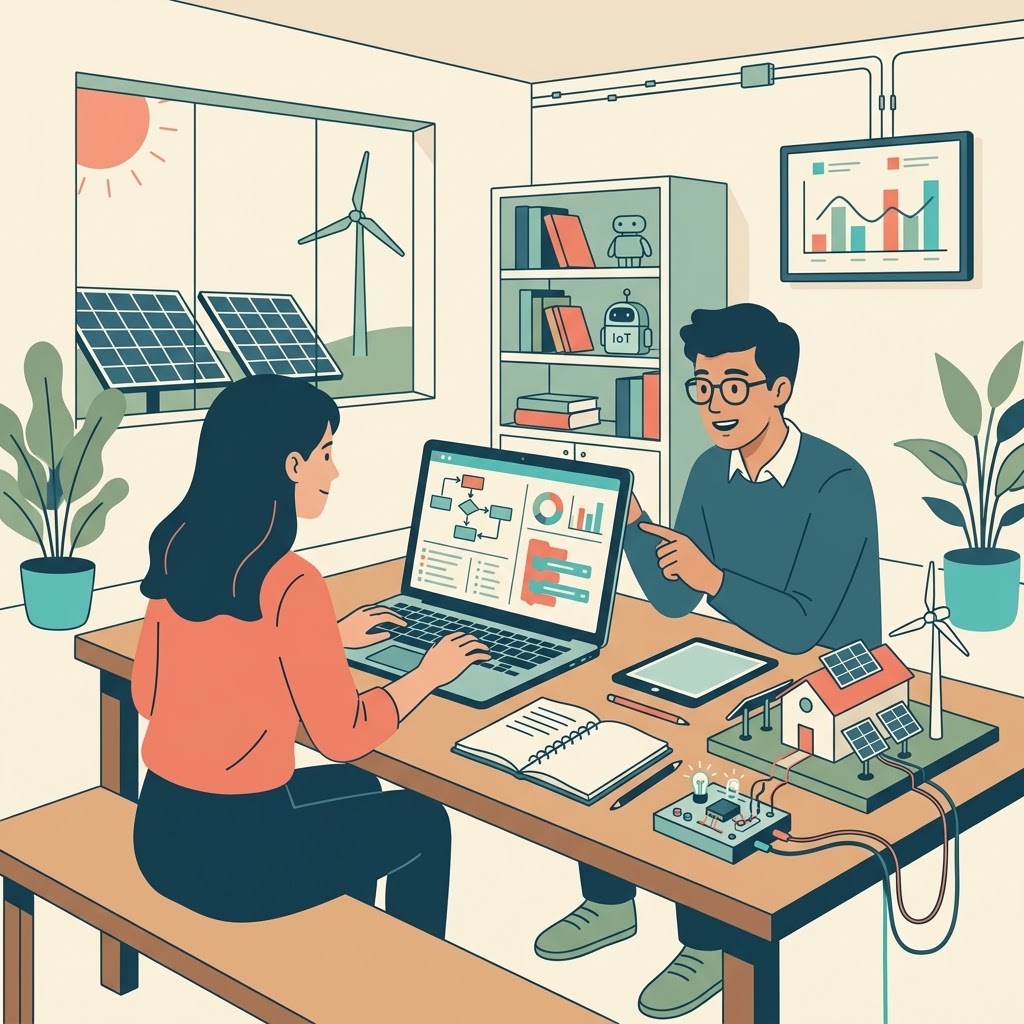 Ilustración plana de una joven y un joven en un aula conectando una maqueta con paneles solares y un molino de viento a un portátil que muestra diagramas. Al fondo, a través de una ventana, se ven paneles y un aerogenerador reales, con estanterías, plantas y gráficos de energía en la pared.
