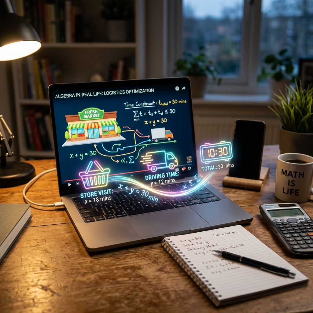 Laptop en escritorio muestra una videoclase con gráficos de la vida real (tienda, camión) y ecuaciones. Íconos holográficos de objetos cotidianos flotan conectados por variables brillantes como 'x+y=30'. Al lado, un cuaderno ordenado y una calculadora bajo luz de estudio cálida.