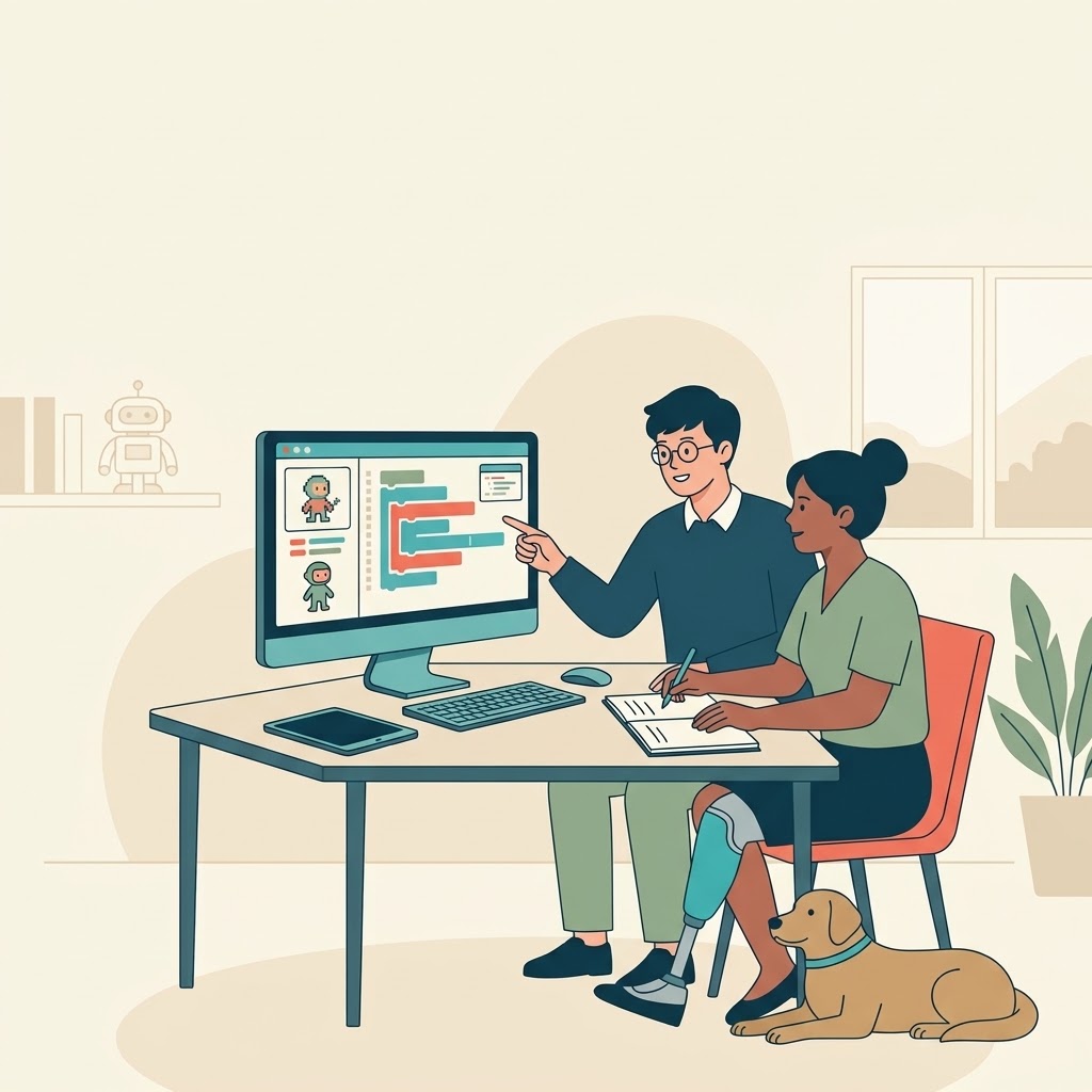 Ilustración plana de un hombre y una mujer (con prótesis) sentados en una mesa, colaborando frente a un ordenador con bloques de juego en pantalla. Al lado, un perro guía y un pequeño robot en un estante. Fondo minimalista con ventana y planta, todo en colores suaves. No hay texto.