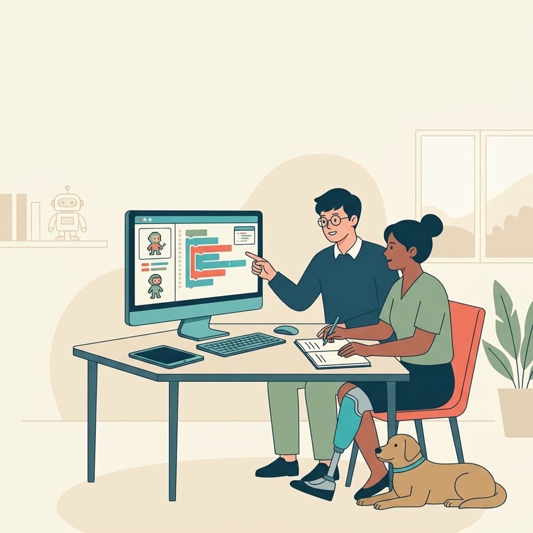 Ilustración plana de un hombre y una mujer (con prótesis) sentados en una mesa, colaborando frente a un ordenador con bloques de juego en pantalla. Al lado, un perro guía y un pequeño robot en un estante. Fondo minimalista con ventana y planta, todo en colores suaves.