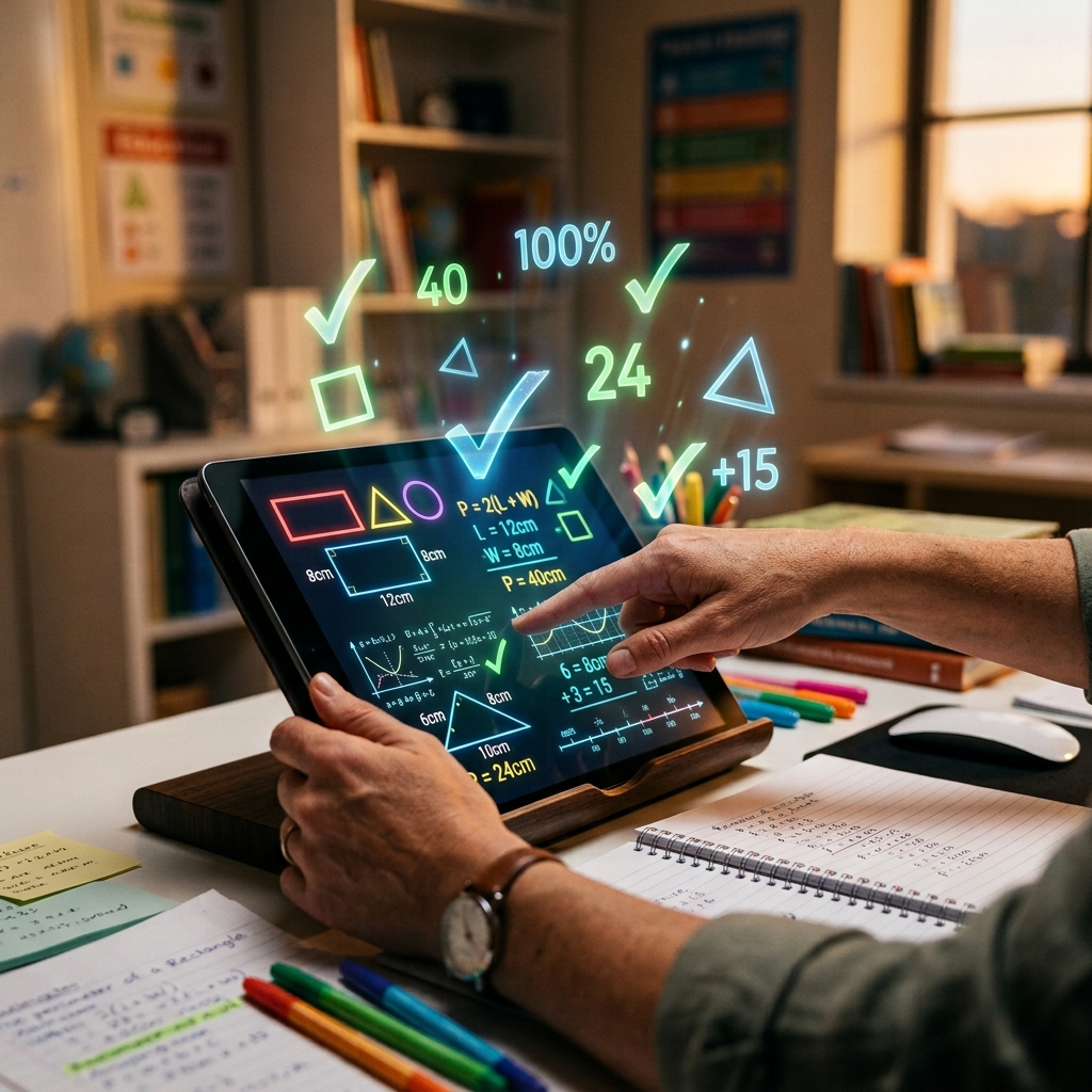 Manos de un docente interactuando con una tableta que muestra figuras geométricas corregidas. Sobre la pantalla flotan marcas de verificación holográficas y datos numéricos en un escritorio de estudio moderno con iluminación suave.