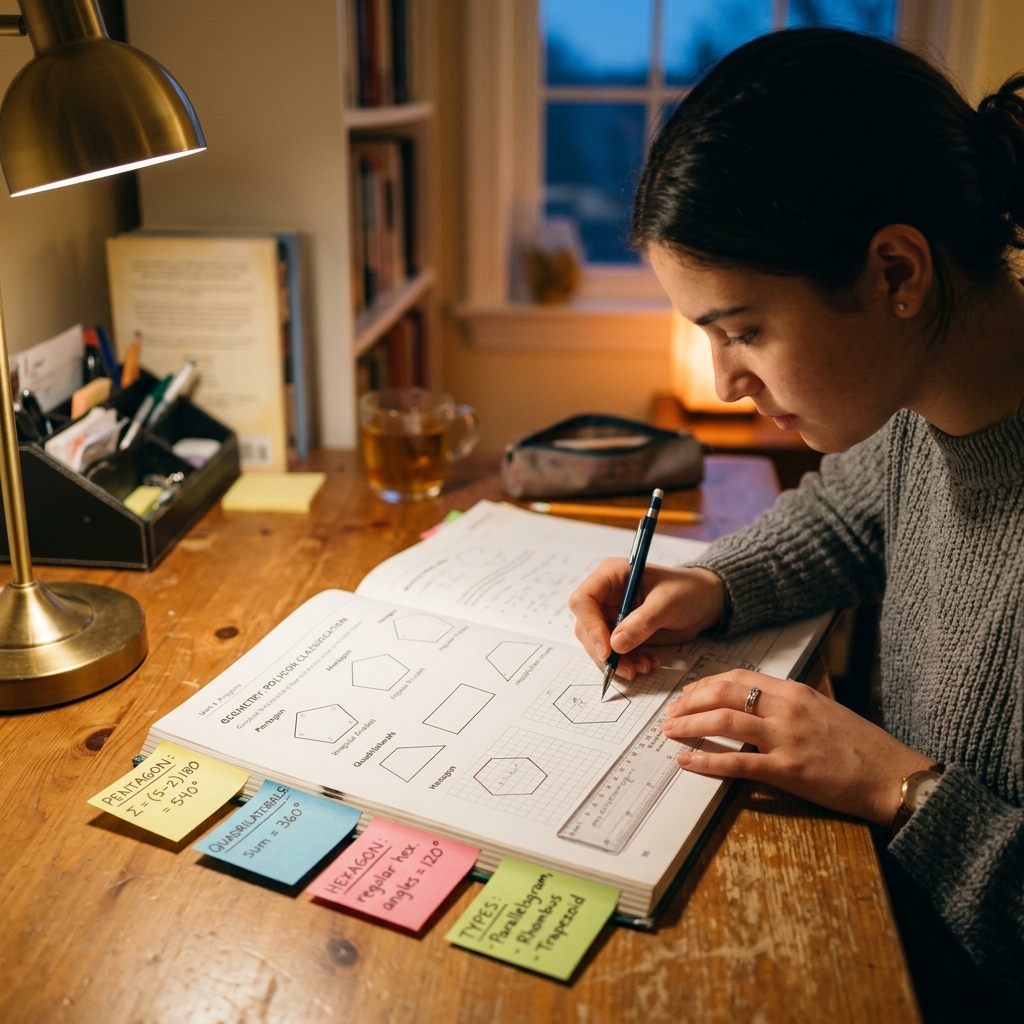 Un estudiante usa portaminas y regla para resolver ejercicios en un libro de texto abierto sobre clasificación de polígonos. En la página se aprecian dibujos rotulados de pentágonos y hexágonos. Notas adhesivas de colores complementan el escritorio iluminado con luz cálida.