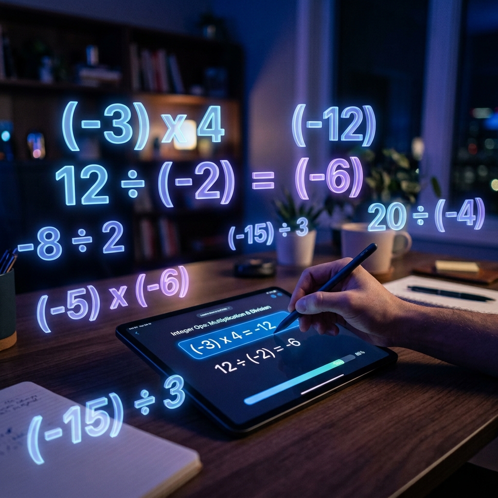 Una mano usa un lápiz digital sobre una tableta con fórmulas matemáticas de números enteros. A su alrededor flotan operaciones 3D luminosas como (-3) x 4 y 12 ÷ (-2). Estilo realista con enfoque suave sobre la pantalla y luz de fondo azul y púrpura.