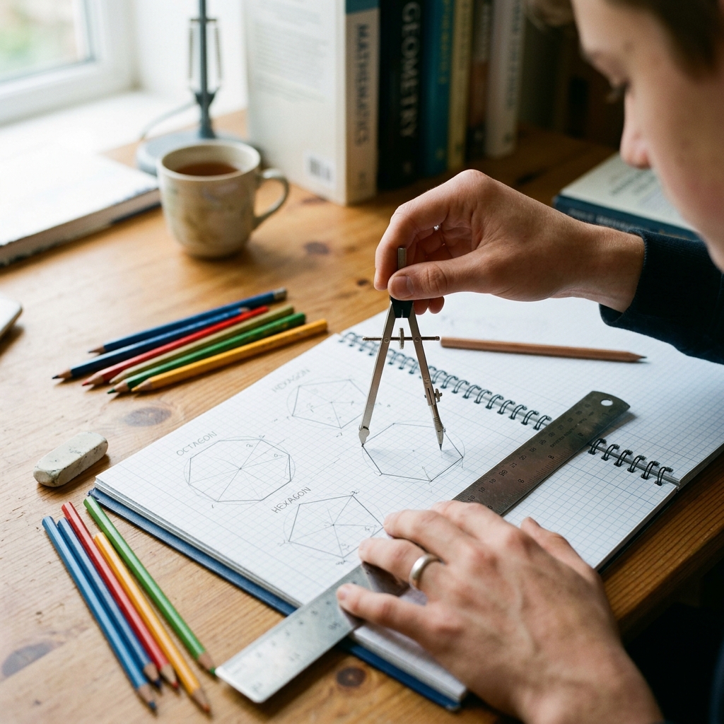 Manos de un estudiante que usa un compás y una regla metálica para trazar polígonos geométricos en un cuaderno cuadriculado. Cerca hay lápices de colores y un borrador sobre un escritorio de madera iluminado por luz natural suave. Vista realista y en detalle.
