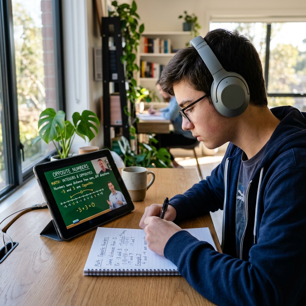 Estudiante con auriculares sigue una lección de matemáticas en una tablet, la cual muestra a un profesor explicando números opuestos en una pizarra digital. A su lado, tiene un cuaderno abierto con anotaciones y fórmulas escritas.