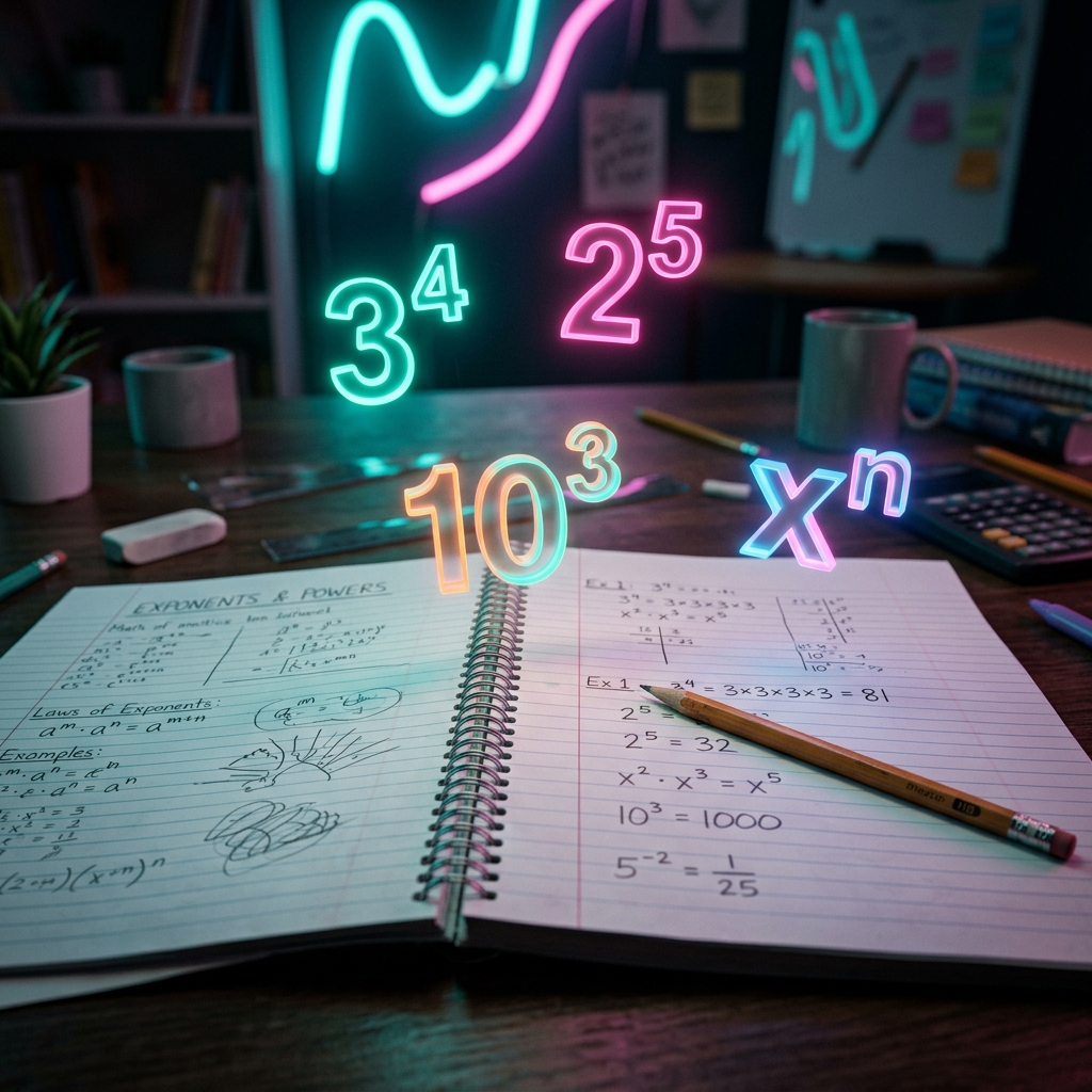 Un lápiz descansa sobre un cuaderno con operaciones de potenciación escritas a mano. Arriba flotan expresiones 3D brillantes y traslúcidas de bases y exponentes (3⁴, 2⁵, 10³). Entorno de estudio realista iluminado con tonos rosa y turquesa y un enfoque suave.
