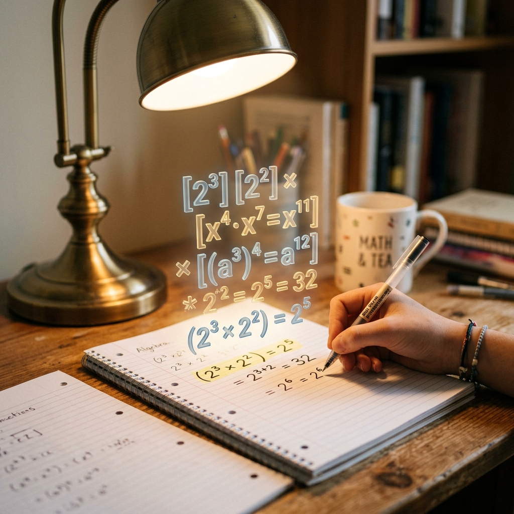 Una mano sostiene un bolígrafo sobre un cuaderno con ejercicios de exponentes como (2³ x 2²) = 2⁵. Encima flotan números y fórmulas traslúcidas en 3D organizadas de forma dinámica. Workspace de estudio realista iluminado con luz cálida y enfoque suave.