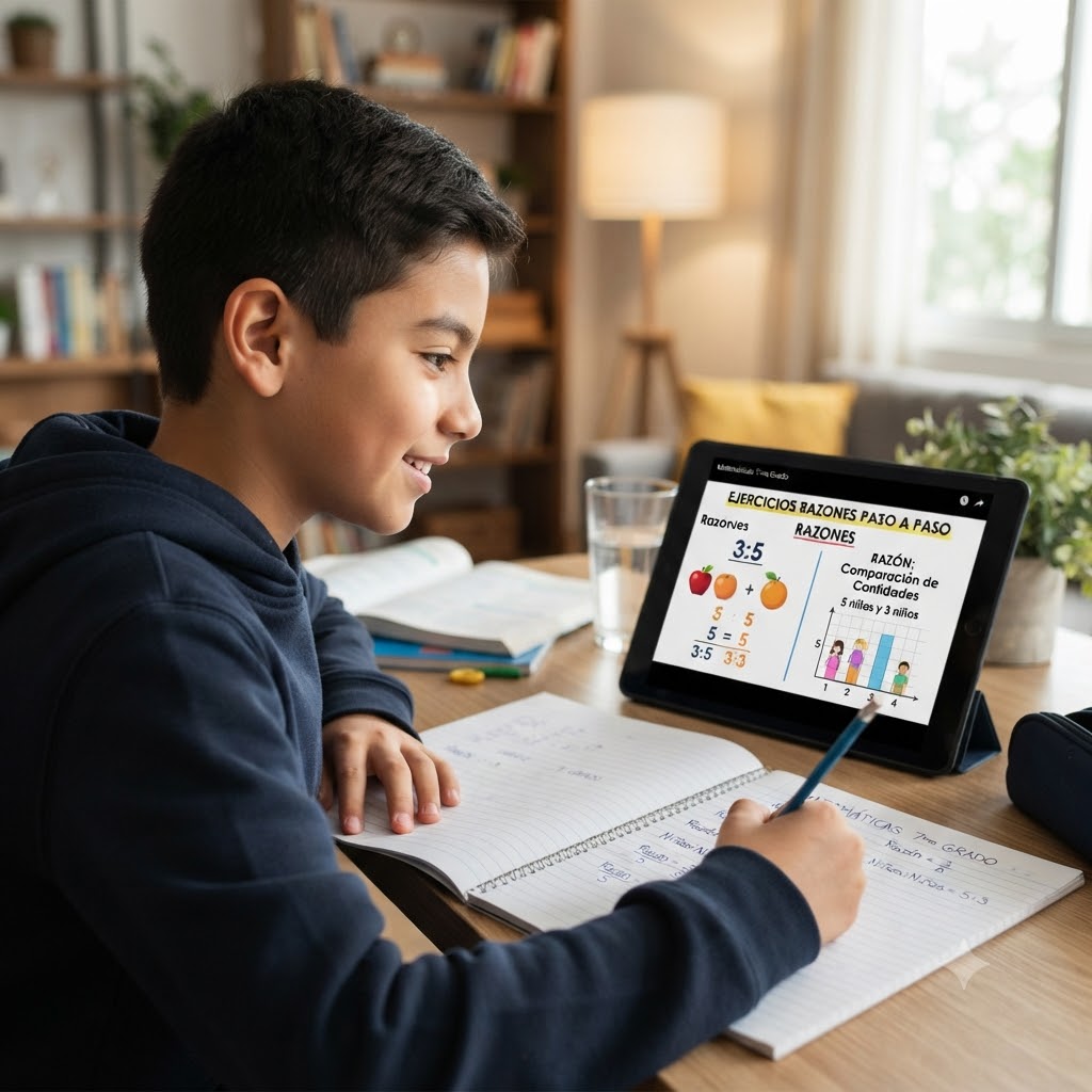Un niño sonriente estudia matemáticas frente a una tablet que muestra una lección sobre razones y proporciones con gráficos de frutas y barras. El niño escribe en un cuaderno con apuntes visibles. Escena hogareña y luminosa.