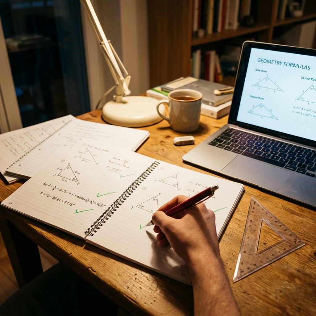 Un cuaderno abierto muestra problemas geométricos de triángulos calificados con marcas de aprobación en verde. En el escritorio se observan una escuadra, un bolígrafo rojo y una laptop que muestra fórmulas bajo una iluminación cálida. Vista realista y clara.