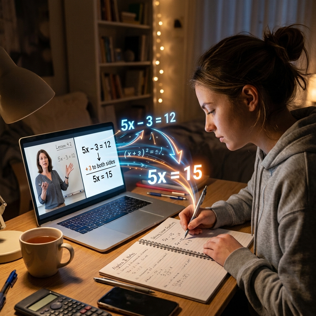 Laptop sobre escritorio muestra una clase con resolución paso a paso de álgebra. Ecuaciones holográficas brillantes como '5x-3=12' transformándose en '5x=15' flotan desde la pantalla junto a flechas de procedimiento. Al frente, un cuaderno abierto con lápiz bajo una luz acogedora.