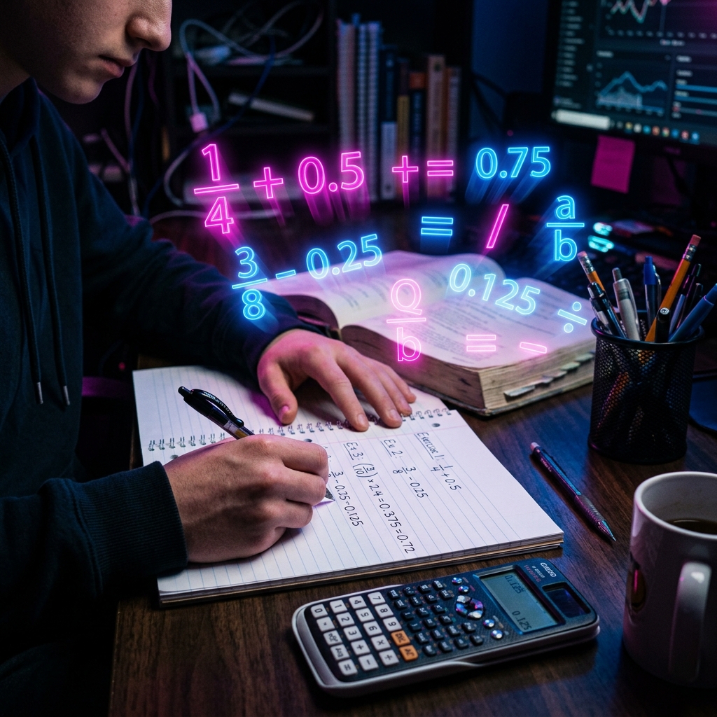 Manos resuelven operaciones en un cuaderno sobre un escritorio de estudio. Encima flotan símbolos matemáticos y fracciones en 3D (1/4 + 0.5, 3/8 - 0.25). Entorno realista con luz de neón rosa y azul, lápices y una calculadora de fondo con un enfoque suave.
