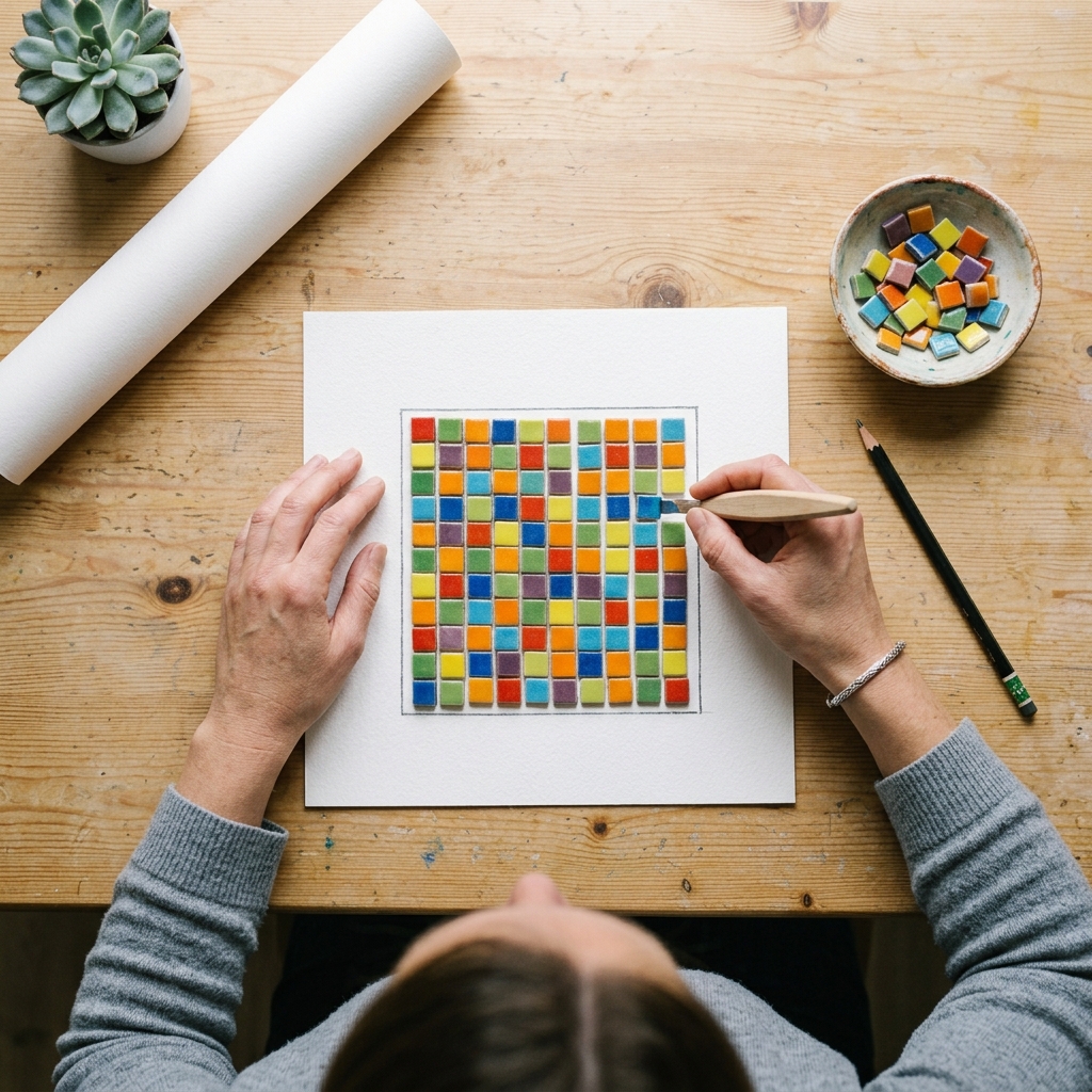 Vista cenital de manos organizando pequeños azulejos cuadrados de colores dentro de un contorno cuadrado en papel para rellenar la superficie. Estilo fotorrealista y táctil que ilustra el concepto del área de forma visual y clara, con iluminación natural suave.