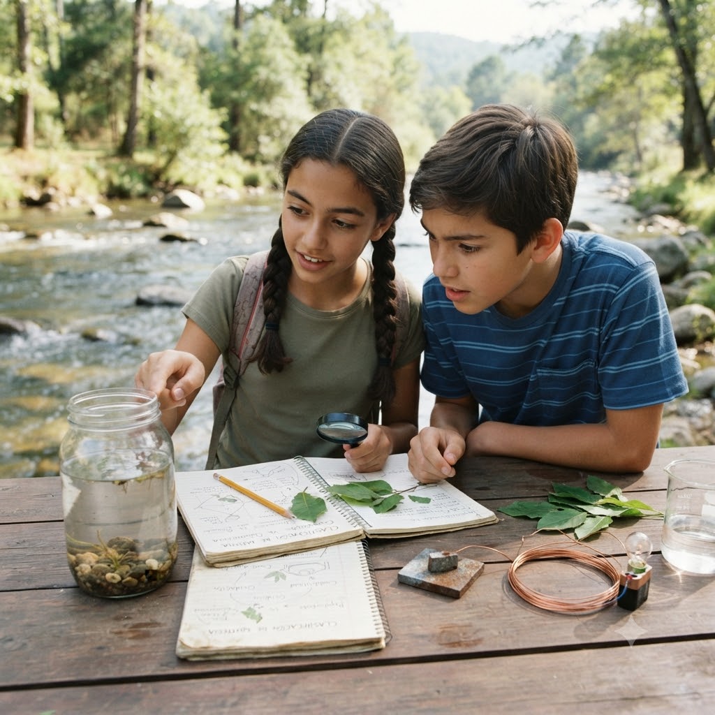 Dos niños realizan experimentos científicos junto a un río. Sobre una mesa de madera hay un frasco con agua y piedras, cuadernos de notas con dibujos, una lupa, hojas y un circuito eléctrico con una bombilla. La niña señala el frasco y el niño observa atentamente.