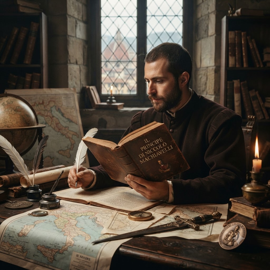Hombre barbado de época lee 'Il Principe di Niccolò Machiavelli' en un escritorio renacentista. Rodeado de mapas antiguos, plumas, tinteros, un globo terráqueo y una daga. Al fondo, una ventana con vista a Florencia. Iluminación cálida de velas. (197 caracteres)