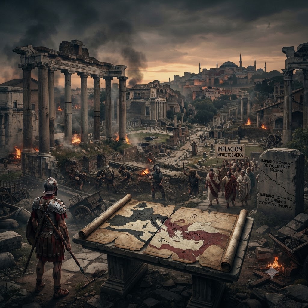Ruinas romanas en caos al atardecer. En primer plano, un legionario observa un mapa dividido de un imperio. Al fondo, la antigua Roma en llamas y Constantinopla intacta. Multitud protesta con cartel "INFLACIÓN. IMPUESTOS ALTOS". Monumento con texto: "IMPERIO ROMANO DE OCCIDENTE (ROMA)" e "IMPERIO ROMANO DE ORIENTE (CONSTANTINOPLA)". Combina soldados y civiles.