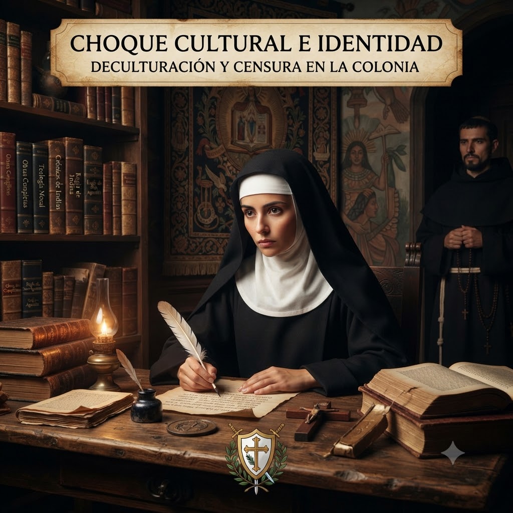 Primer plano de una monja escribiendo en un escritorio con libros y una lámpara de aceite. Un fraile está de pie en el fondo. En la pared hay un tapiz religioso y al fondo a la derecha una pintura con figuras indígenas. Arriba, el texto dice: "CHOQUE CULTURAL E IDENTIDAD. DECULTURACIÓN Y CENSURA EN LA COLONIA". Un escudo de armas está en el centro inferior. La imagen es realista.