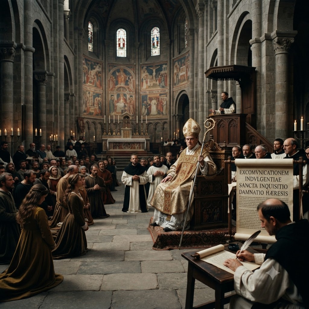Recreación histórica en una catedral románica. Un obispo entronizado preside la escena rodeado de monjes y una congregación arrodillada. En primer plano, un escriba redacta un documento y un pergamino vertical muestra el texto: "EXCOMVNICATIONEM, INDVLGENTIAE, SANCTA INQUISITIO, DAMNATIO HÆRESIS".