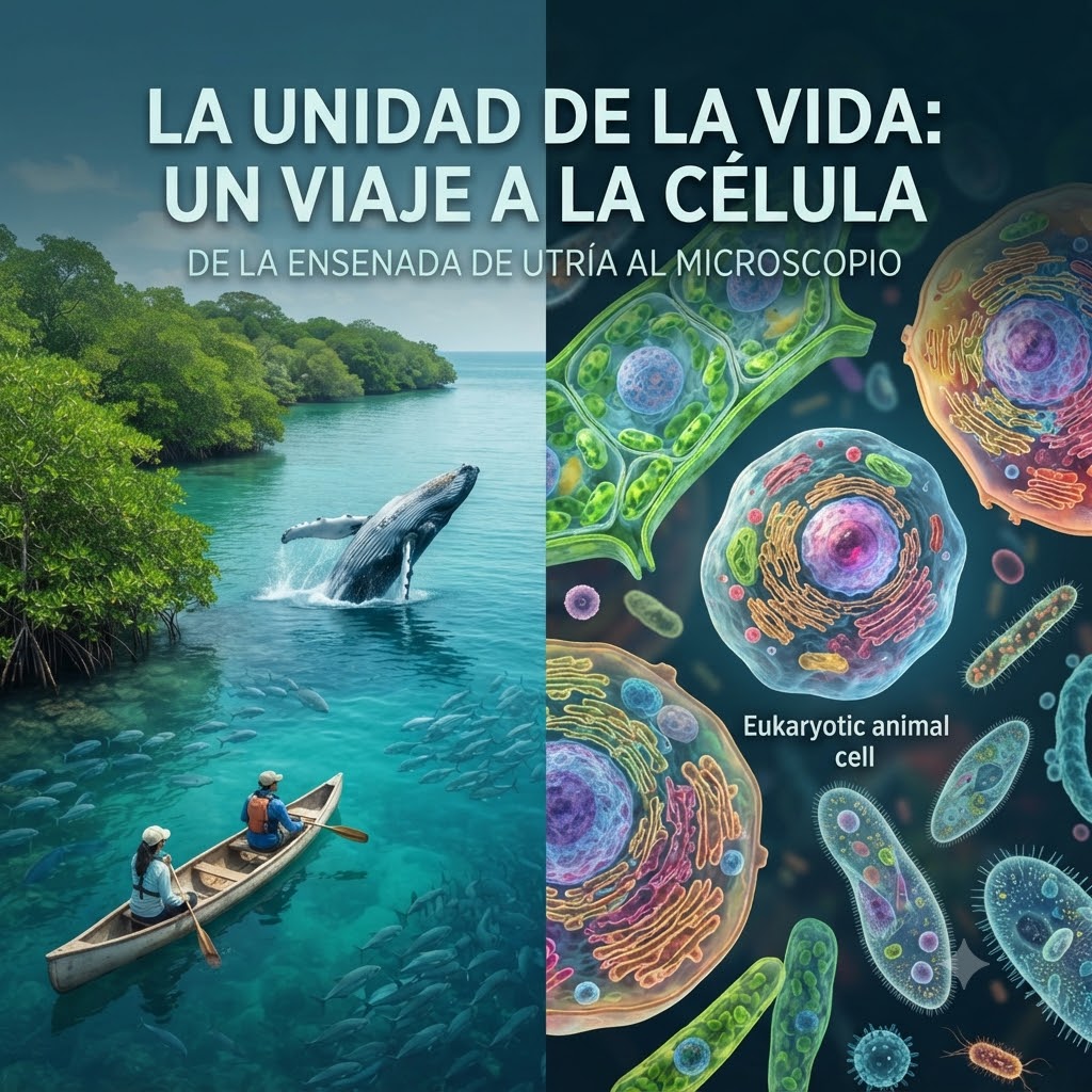Ilustración dividida. Izq: Parque Nacional Ensenada de Utría, Colombia, con manglares, agua turquesa, una canoa con dos personas y una ballena saltando. Der: Diversas células eucariotas animales y vegetales, y microorganismos detallados. Texto superior: "LA UNIDAD DE LA VIDA".