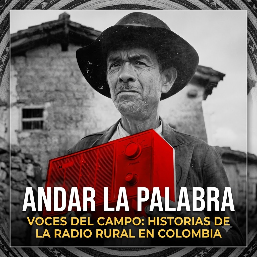 "Fotografía en blanco y negro de un campesino con sombrero sosteniendo una radio antigua roja brillante. Abajo, en letras blancas y amarillas, se lee: 'ANDAR LA PALABRA. VOCES DEL CAMPO: HISTORIAS DE LA RADIO RURAL EN COLOMBIA'."
