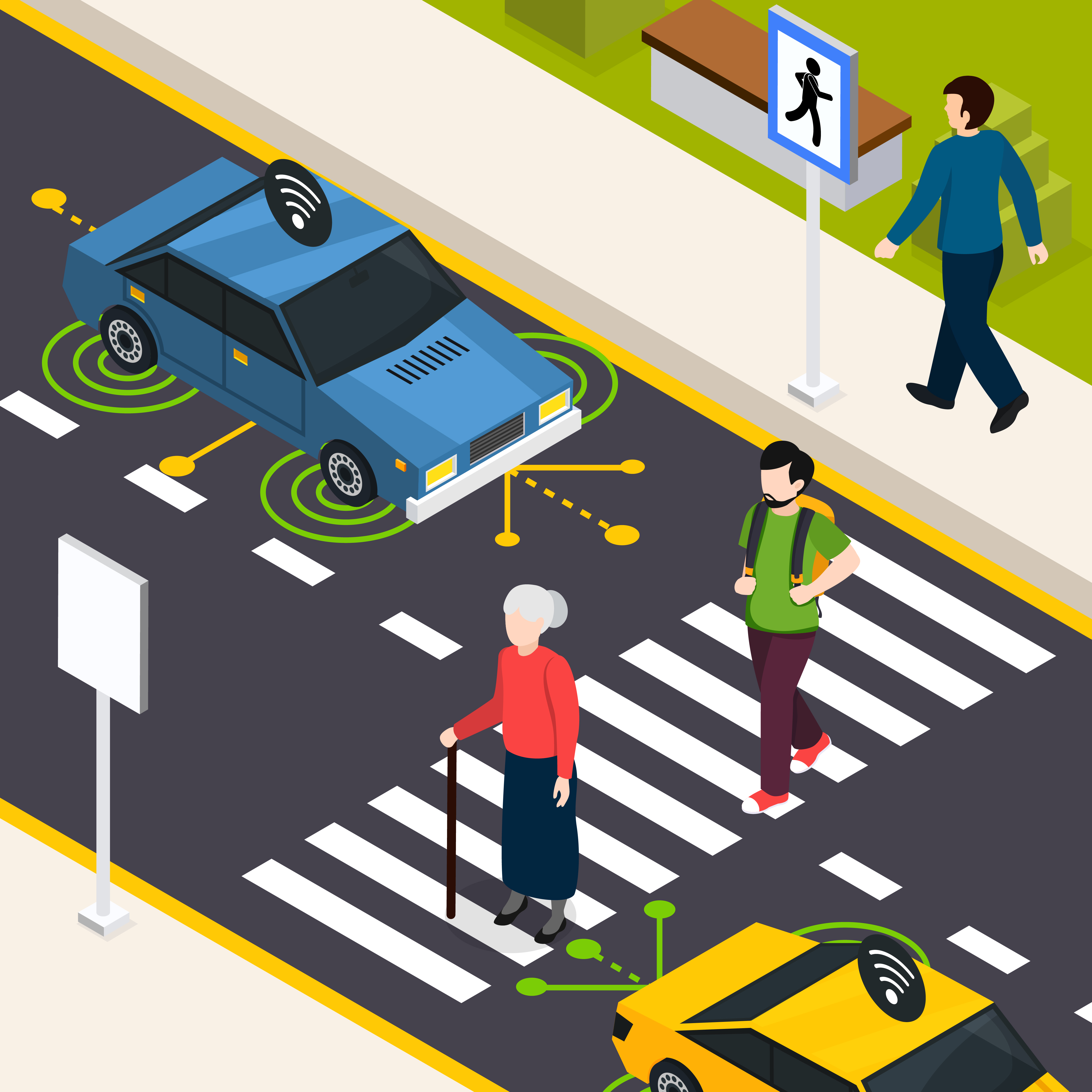Dos peatones atravesando la acera de derecha a izquierda, una mujer mayor, un joven con una mochila y un hombre sobre la acera. Sobre la calle dos carros, esperando mientras los peatones cruzan. Cada carro conduce a un sentido contrario.