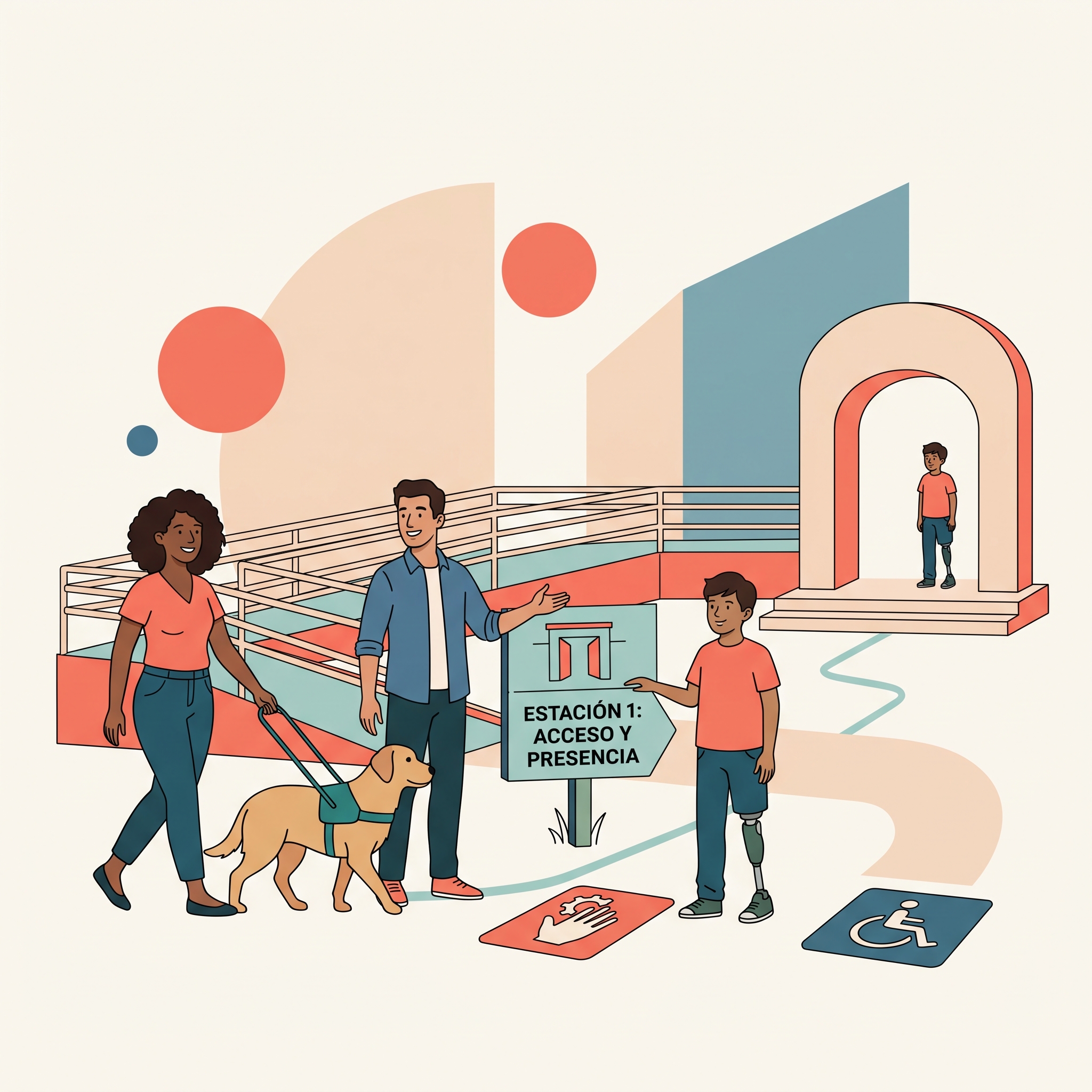 Ilustración de un entorno educativo accesible. Una mujer ciega con perro guía y un hombre caminan por una rampa. Un niño con prótesis señala un cartel que dice "ESTACIÓN 1: ACCESO Y PRESENCIA". Otro niño con prótesis espera bajo un arco. Iconos de accesibilidad en el suelo