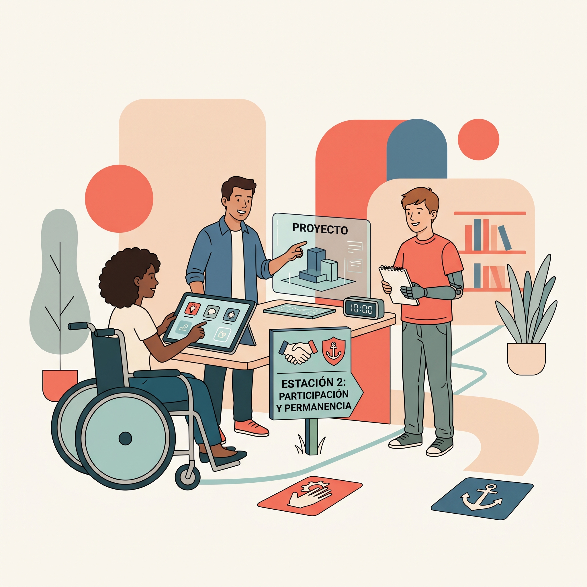Ilustración de oficina inclusiva con rampa. Una mujer en silla de ruedas usa tablet, un hombre señala pantalla con proyecto, y un joven con prótesis en brazo toma notas. Cartel dice "ESTACIÓN 2: PARTICIPACIÓN Y PERMANENCIA". Fondo con formas geométricas suaves y plantas.