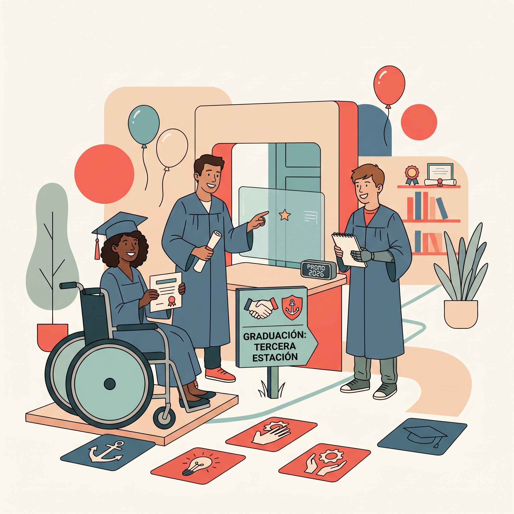 Ilustración de una ceremonia de graduación inclusiva. Tres estudiantes con toga y birrete celebran. Una mujer en silla de ruedas tiene un diploma. Un hombre señala una pantalla digital y otro joven con prótesis en el brazo toma notas. Globos y carteles con iconos de accesibilidad.