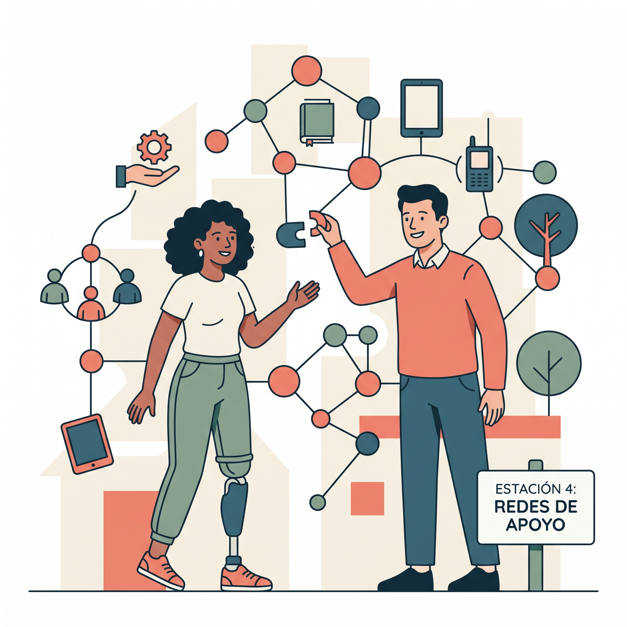 Ilustración de dos personas colaborando en una red de apoyo visual. La mujer, con prótesis de pierna, y el hombre señalan iconos interconectados que representan comunicación, educación, comunidad, familia, tecnología y naturaleza. Un cartel dice "ESTACIÓN 4: REDES DE APOYO".