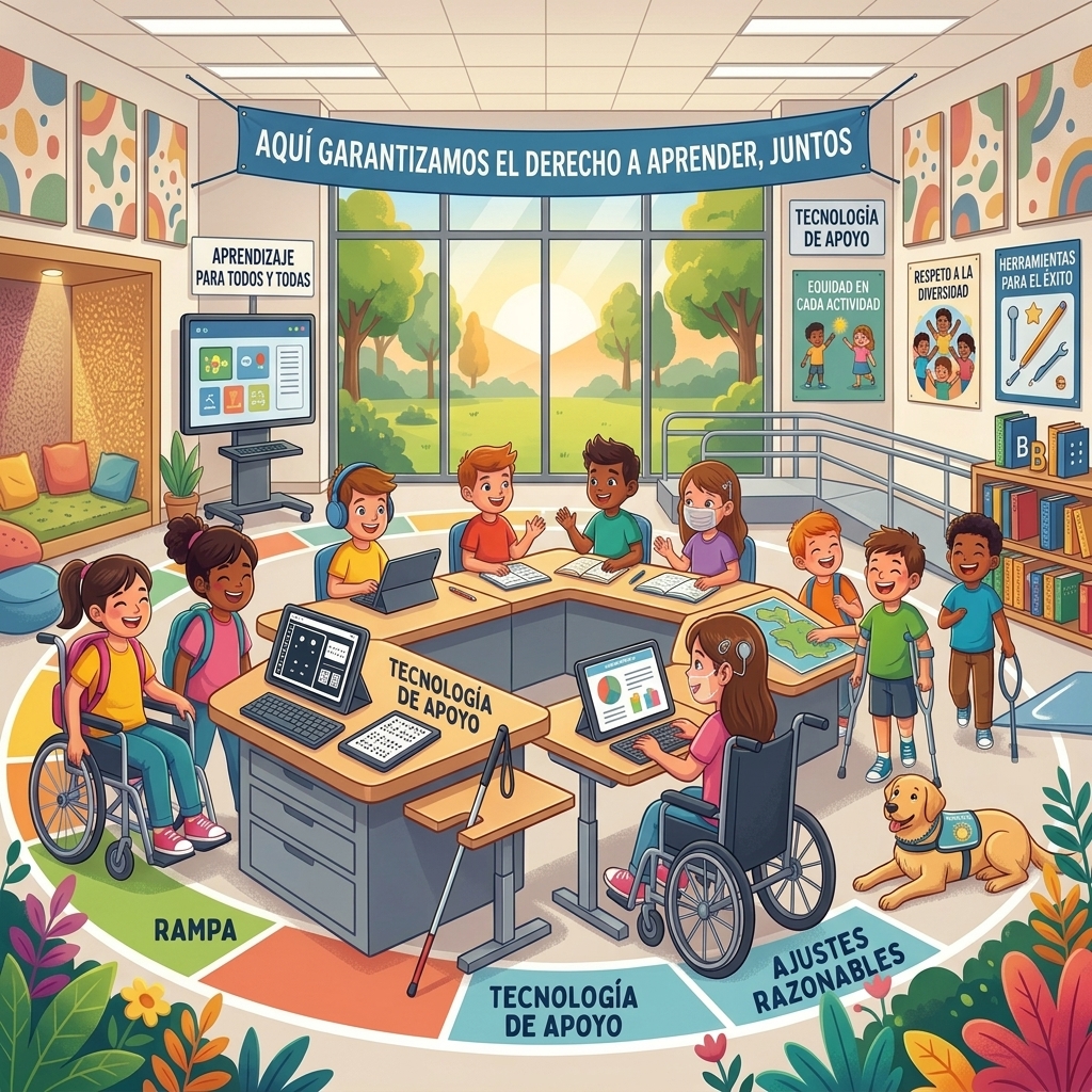 Ilustración de un aula inclusiva con niños diversos aprendiendo juntos. Incluye rampa, tecnología de apoyo, un perro de servicio y un letrero que dice "AQUÍ GARANTIZAMOS EL DERECHO A APRENDER, JUNTOS". Varios niños usan sillas de ruedas y dispositivos de asistencia. La base tiene los textos: RAMPA, TECNOLOGÍA DE APOYO, AJUSTES RAZONABLES.