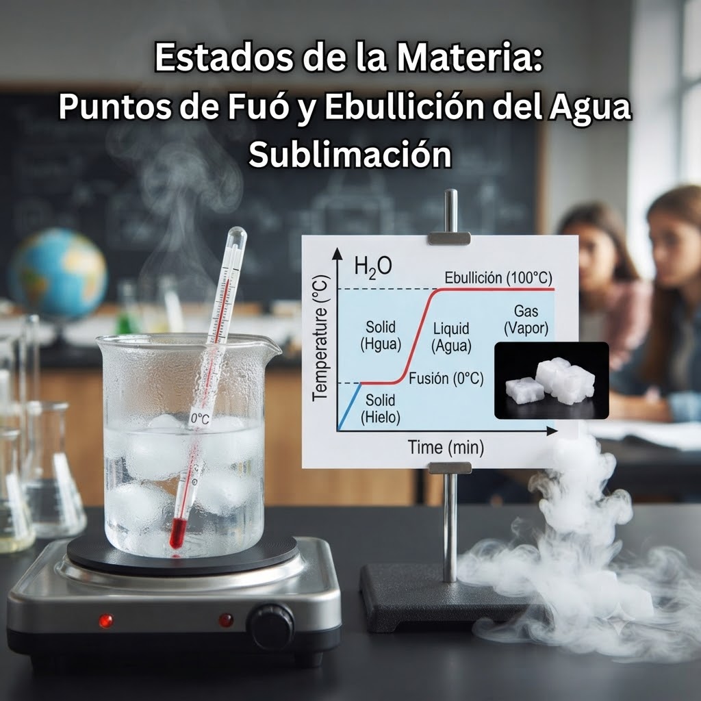 Ilustración para curso de química. Muestra un vaso de precipitado con hielo y termómetro sobre una placa calefactora. Al lado, un gráfico de cambio de fase agua-tiempo (sólido, fusión 0°C, líquido, ebullición 100°C, gas) y sublimación de hielo seco con humo denso. Texto superior: "Estados de la Materia".
