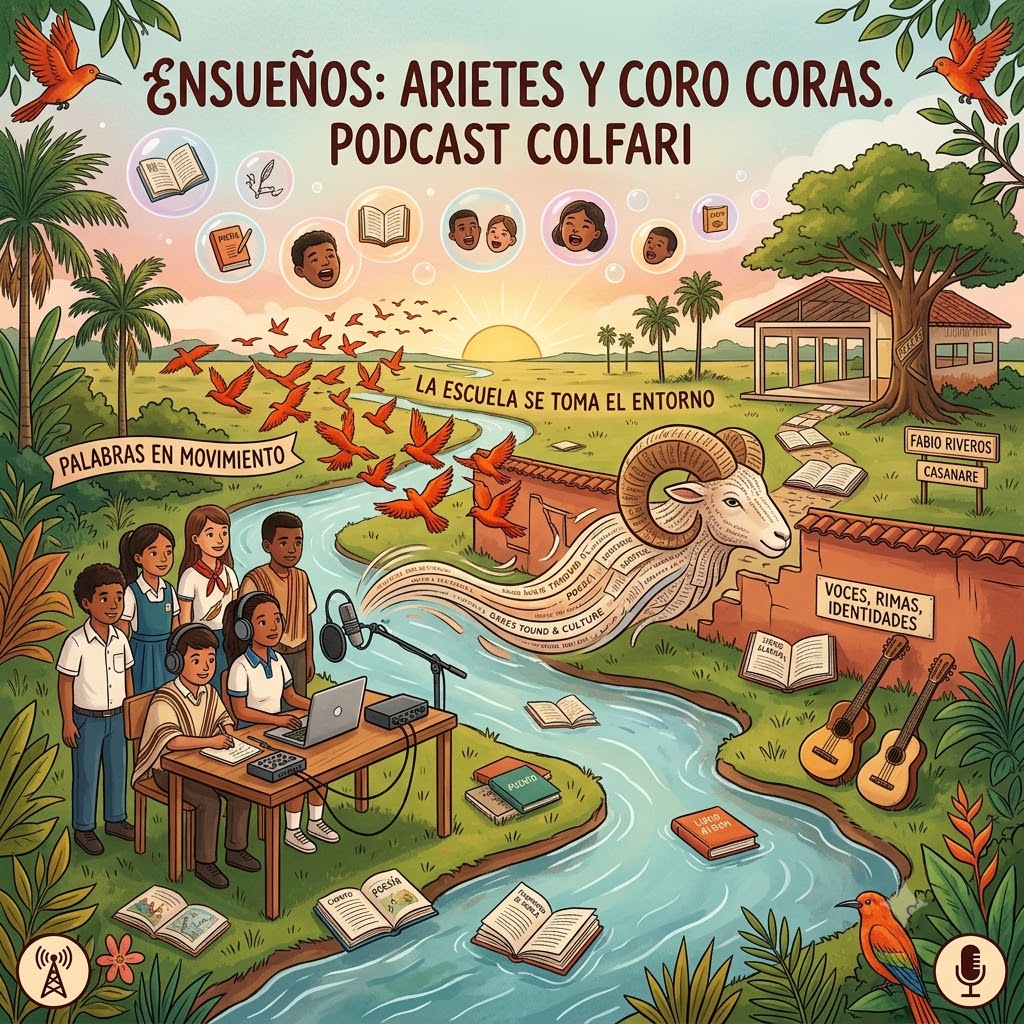 Ilustración de paisaje rural donde niños graban un podcast al aire libre. De su mesa surge un río de páginas y palabras que atraviesa el campo. Destacan un carnero, pájaros rojos, libros flotantes, guitarras, una escuela y el sol naciente con el título 'Podcast Colfari'.