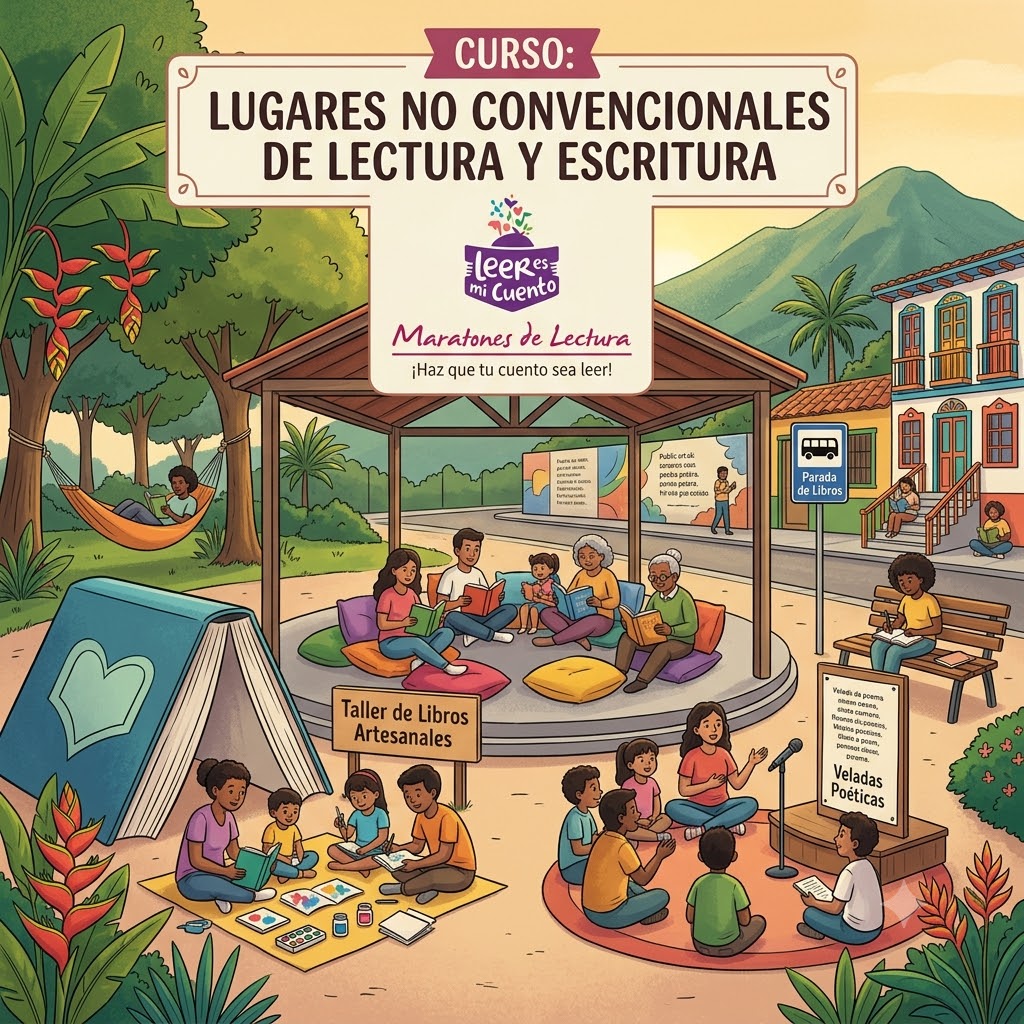 Ilustración del curso 'Lugares no convencionales de lectura y escritura'. Muestra a personas de diversas edades leyendo en un parque: desde una hamaca, un quiosco central, una parada de bus, un taller de libros artesanales en el suelo y una velada poética con micrófono.