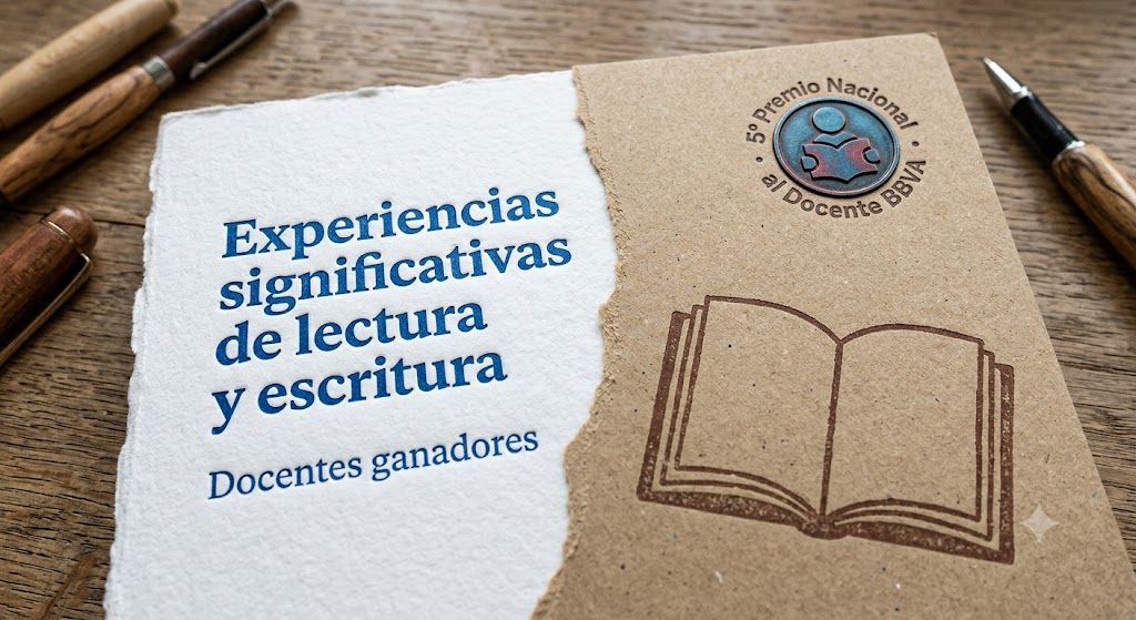 Sobre mesa de madera: hoja blanca rasgada con el texto azul "Experiencias significativas de lectura y escritura. Docentes ganadores". Al lado derecho, sobre cartón, el pin del "5º Premio Nacional al Docente BBVA", una ilustración de un libro abierto y dos bolígrafos de madera.