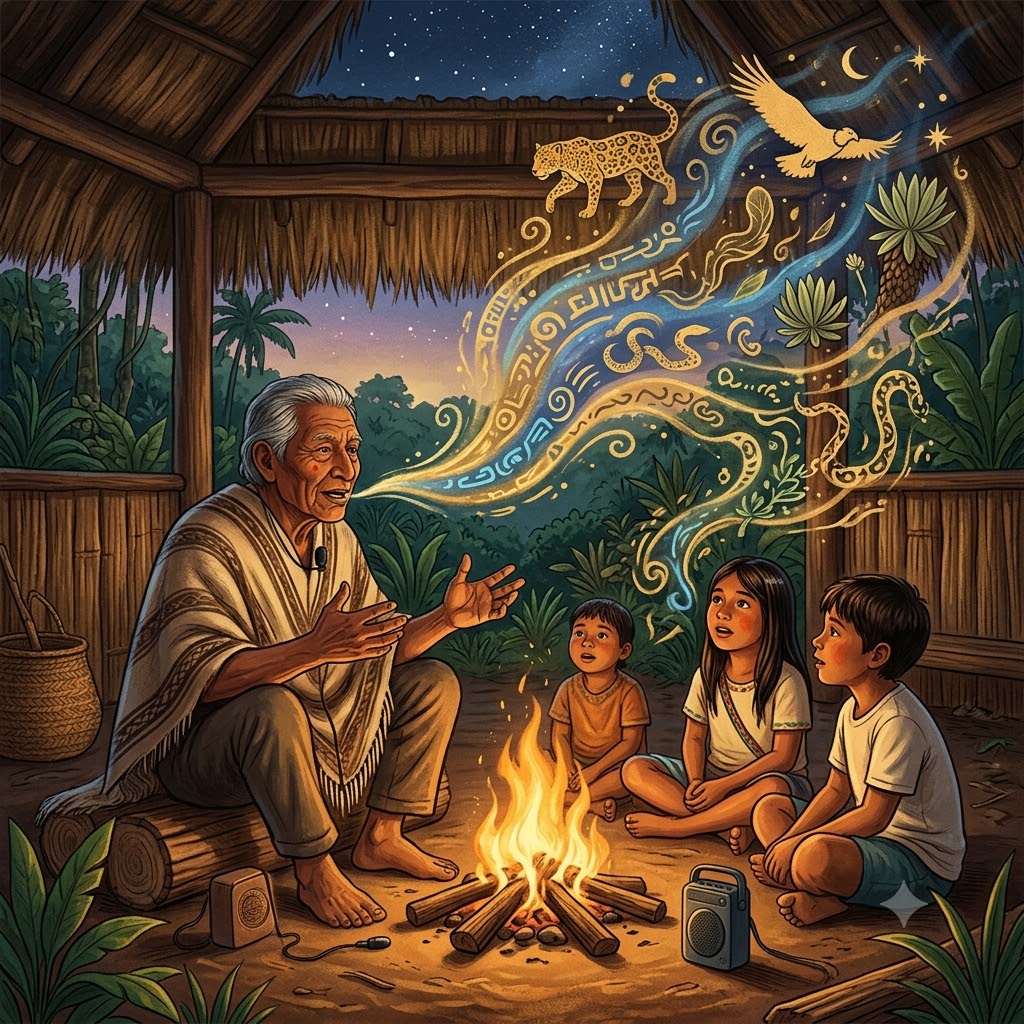 Anciano indígena relata historias a tres niños junto a una fogata en una choza. De su boca brota una estela luminosa que forma animales mágicos (jaguar, ave, serpiente). Hay una pequeña radio en el suelo. La escena bajo las estrellas representa la oralidad y la oralitura.