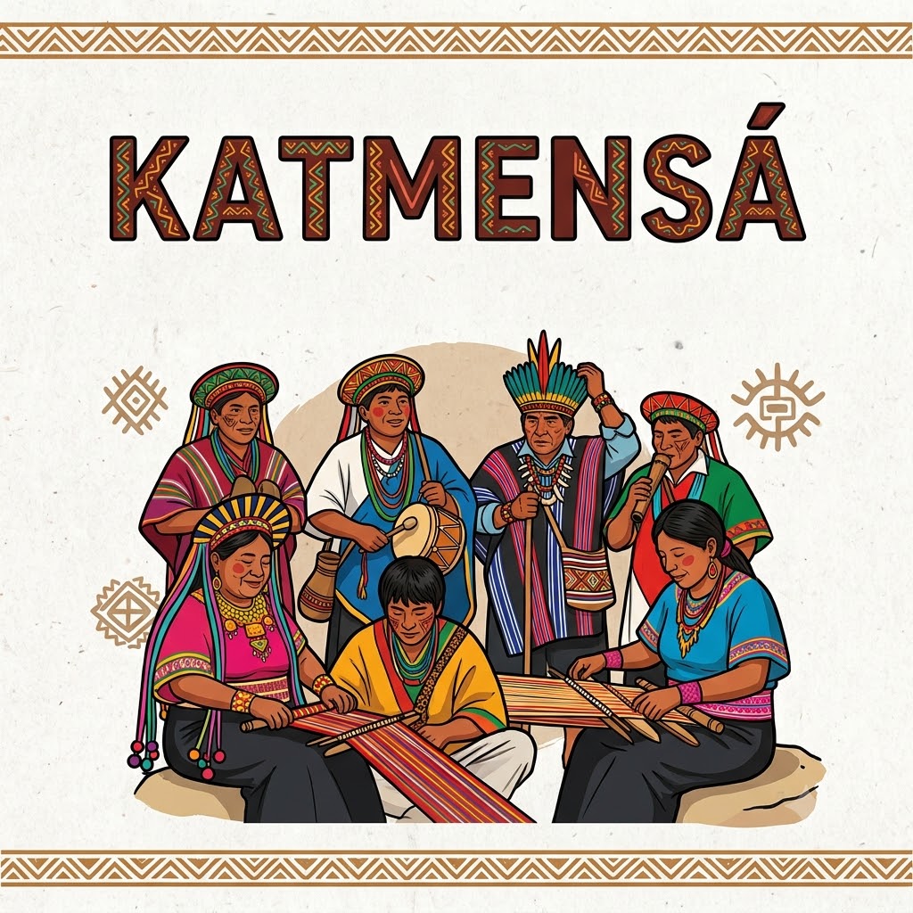 Ilustración con la palabra "KATMENSÁ". Muestra a siete indígenas con coloridas prendas tradicionales, collares y coronas. Dos mujeres tejen en telares inferiores, mientras dos hombres tocan un tambor y una flauta. El fondo y bordes tienen símbolos y cenefas geométricas.