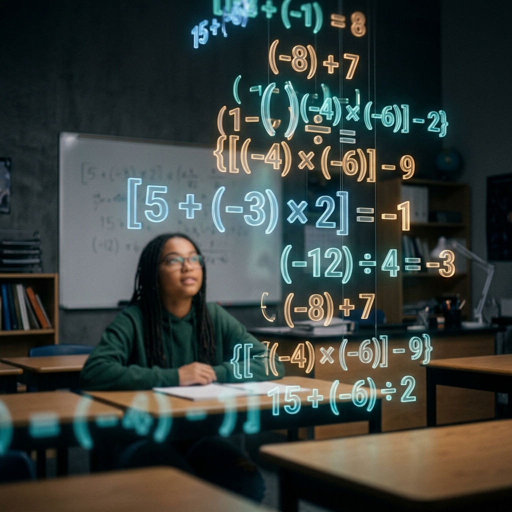 Fórmulas matemáticas tridimensionales con corchetes, paréntesis y enteros como [5 + (-3) x 2] flotan en un aula moderna iluminada con tonos ámbar y turquesa. Al fondo, un estudiante desenfocado observa las expresiones. Estilo realista con enfoque selectivo.